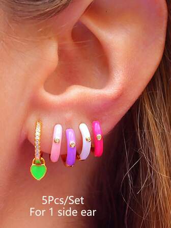 Set de 5 piezas (para 1 oreja) Pendientes colgantes de mujer con zirconia chapados en oro de 18K, set de joyas de moda coloridas