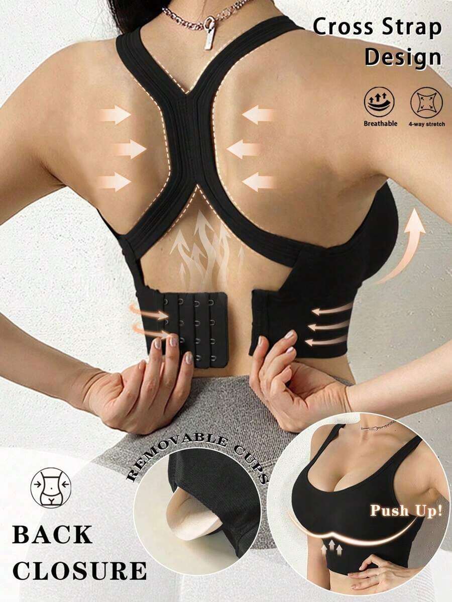 Sujetador deportivo para mujer con push up sexy, diseño de espalda cruzada, parte superior de yoga, sujetador inalámbrico, resistente al sudor y cómodo, lencería para gimnasio - Negro - Ver 1