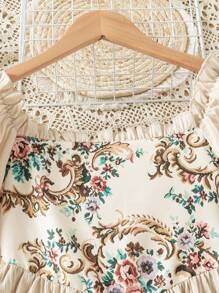 Girls' Casual Elegant Vintage Square Neck Puff Sleeve Floral Print A-Line Dress, Spring/Autumn