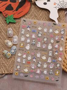 2 件可爱卡通万圣节美甲浮雕贴纸 - 鬼魂、南瓜、蜘蛛、小鬼和花朵图案，女士自粘美甲贴花，5D 浮雕饰面，可爱、有趣和卡通主题，易于粘贴指甲装饰、DIY、节日礼物、派对风格 - 彩色 - 查看 5