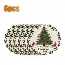 8pcs/6pcs/4pcs/1pc Holiday Christmas Placemat Set - Polyester Linen Round Placemats With Santa Claus & Reindeer Design, Christmas Floral Print, Non-Slip, Hand Washable, Suitable For Holiday Dining And Home Decor, Durable.