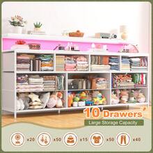 55-Inch Wide Dresser With 10 Fabric Drawers, TV Stand With LED Lights & Power Outlets - Metal Frame Large Dresser For Bedroom, Ivory White - Xem 4