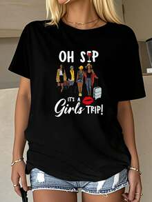Oh Sip It's A Girls Trip Fun Wine Party-Shirt         Graphic Tees Women Crop Tops Summer Outfits Women Summer Tops-Shirt - Black - View 1