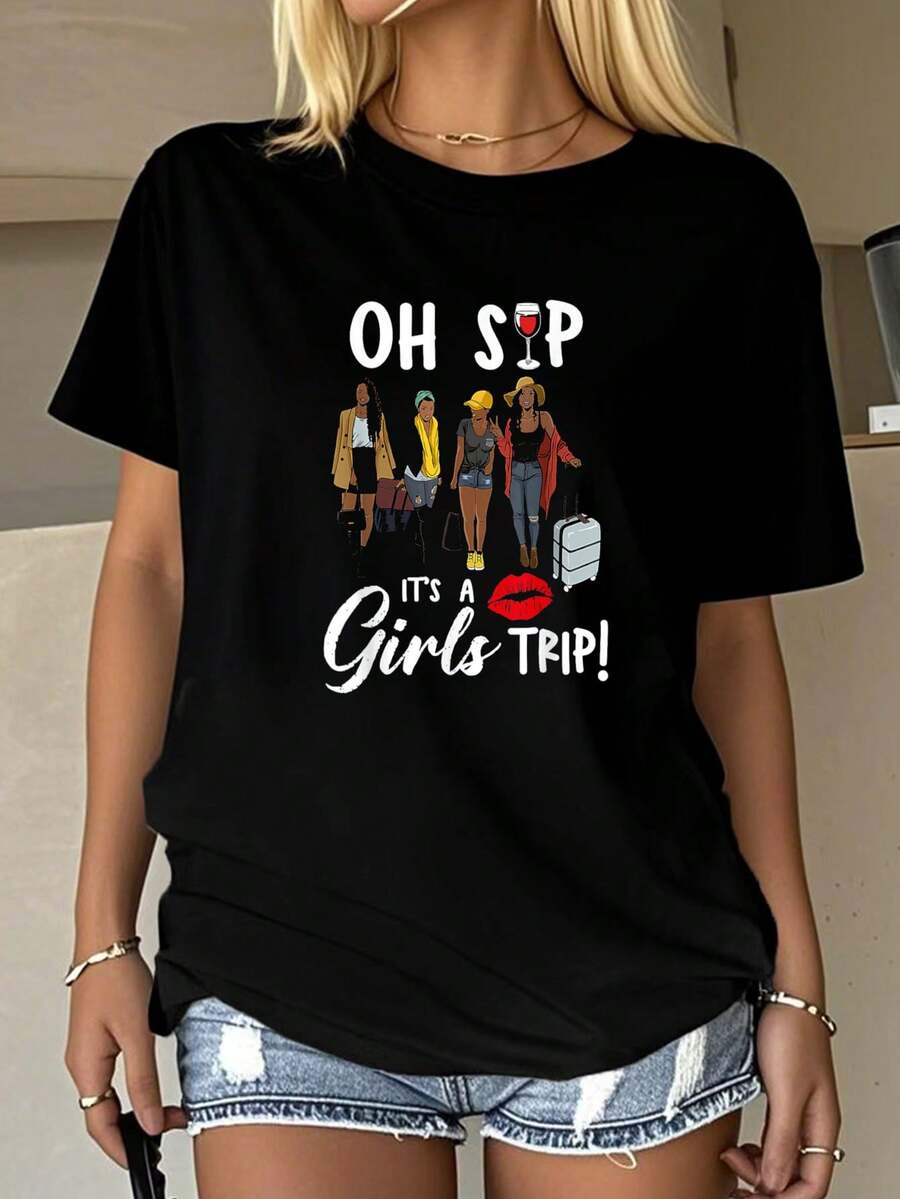 Oh Sip It's A Girls Trip Fun Wine Party-Shirt Graphic Tees Women Crop Tops Summer Outfits Women Summer Tops-Shirt - Black - View 1