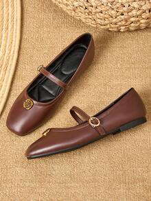 Women's Mary Jane Flat Shoes - Vibrant Brown Faux Leather, Soft Rubber Sole And Padded PU Insole - Comfortable Office And Casual Shoes, Suitable For All-Day Wear In Winter, Women's Flats, New, Fashionable, Minimalist, Slip-On, Glossy - Small Gold Flower Style, Ideal Gift For Valentine's Day, Mother's Day, Weddings, Parties, Office And More - màu nâu - Xem 2