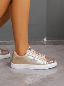 1 Pair Women's Casual Sneakers, Thick Sole Color Block Fashion Skateboard Shoes, Lightweight Comfortable Minimalist Design Casual White Shoes, Autumn/Winter,Trainers Women - Gold - View 11