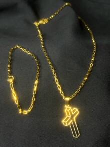 MEN'S CHAIN AND BRACELET SET WITH 3D HOLLOW CROSS PENDANT, 18K GOLD PLATED - 金色 - 查看 2