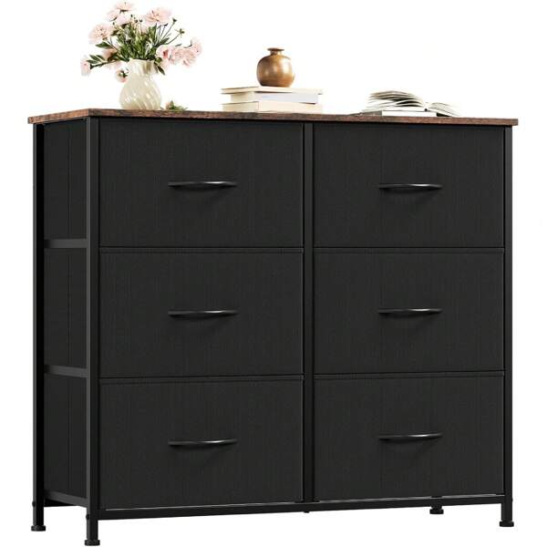 Dresser For Bedroom With 6 Drawers, 3-Tier Wide Storage Chest Of Drawers With Removable Fabric Bins For Closet Nursery Bedside Living Room Laundry Entryway Hallway, Black