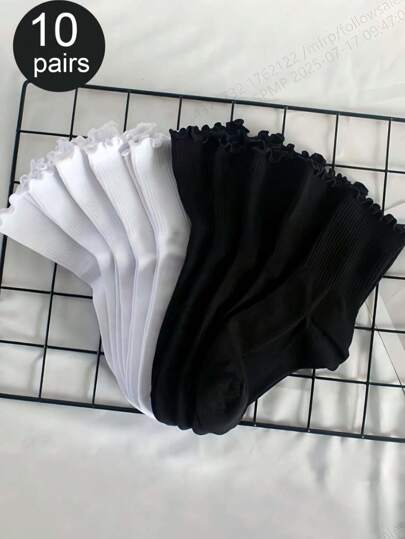 Pack Of 10 Pairs Of Ear-Flap Mid-Calf Socks, Available In Black And White, Versatile, Breathable, And Fashionable Women's Socks, Fall Socks