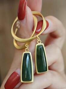 1pc Jade-Inspired Large Hoop Earrings, Long Chinese Style Earrings, Slimming Face Jewelry Accessories Suitable For Women's Daily, Festival, Party Wear, Girlfriend Surprise Gift