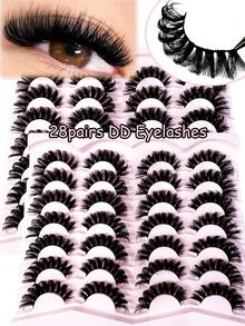 LYBCG 28pairs D Curl 3D Mink Lashes Cat Eyelashes Fluffy Wispy Volume Lashes Halloween Natural Feathery Effect Lightweight Flexible Band Fake Lashes For Cosplay Manga Cat False Lashes - 黑色 - 查看 1