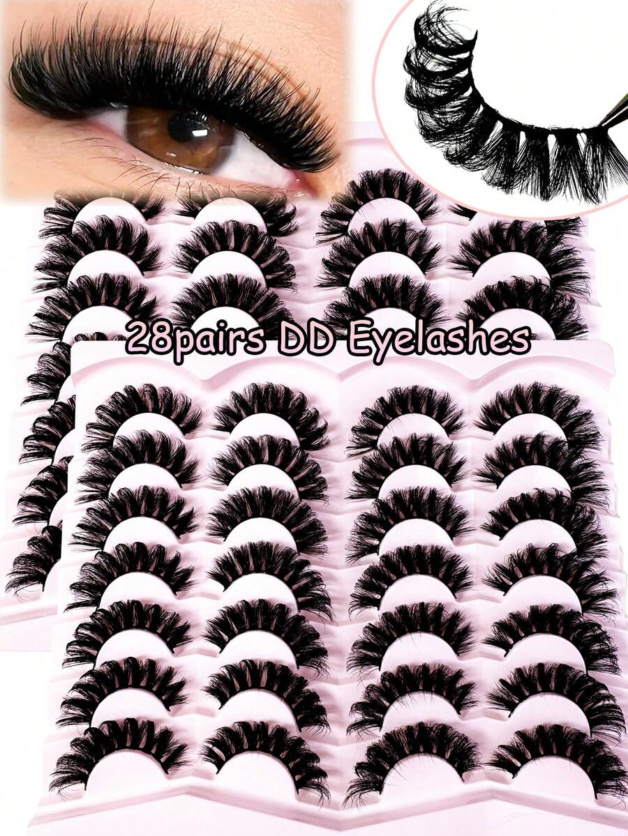 LYBCG 28pairs D Curl 3D Mink Lashes Cat Eyelashes Fluffy Wispy Volume Lashes Halloween Natural Feathery Effect Lightweight Flexible Band Fake Lashes For Cosplay Manga Cat False Lashes - 黑色 - 查看 1