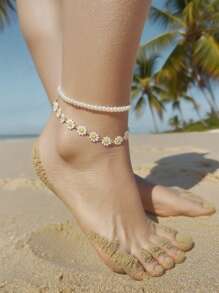 2pcs Set Fashionable White Faux Pearl Yellow Daisy Flower Beach Anklet, Suitable For Daily, Vacation, Beach, Photo-Taking In Summer