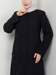 Elegante Vestido Longo de Robe Feminino em Cor Sólida, Estilo Turco, Acolchoado Diamante com Aplicação de Strass, Manga Longa com Zíper Até o Tornozelo