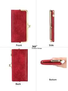 MIYIN 时尚复古对折拉链吻锁钱包，女士钱包，带卡槽和身份证窗口，简约PU皮革长款钱包，适合女性日常使用，红色 - 紅色 - 查看 3