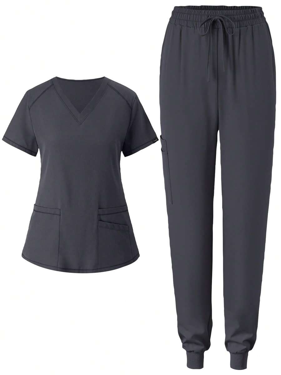 Women's Matte Running Elastic Nurse Uniform, Scrub Surgical Gown With Pockets, Breathable, Anti-Pilling And Anti-Static, 2pcs/Set, Nursing Clothes - Grey - View 1