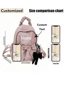 可定制姓名的大容量轻便背包，蝴蝶结装饰功能性背包，多功能学生背包，带蝴蝶结吊坠的休闲旅行背包，耐用大容量，可调节肩带，适合毕业生、新生，户外活动、返校旅行、学生书包