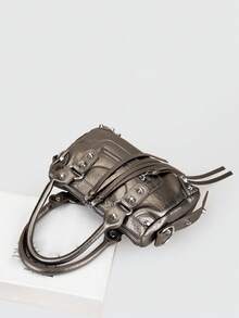 1个枪灰色拼接铆钉金属流苏拉链装饰复古PU材质肩带铆钉双提手可调节长肩带拉链闭合时尚复古甜美朋克Y2K风格方形手提包，休闲低调奢华女士斜挎包，可装手机、卡包，适合日常、旅行、购物 - 槍色 - 查看 2