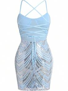 Teen Homecoming Dress Sequins Bodycon Mini Spaghetti Strap Floral Glitter - Biru Perak - View 5