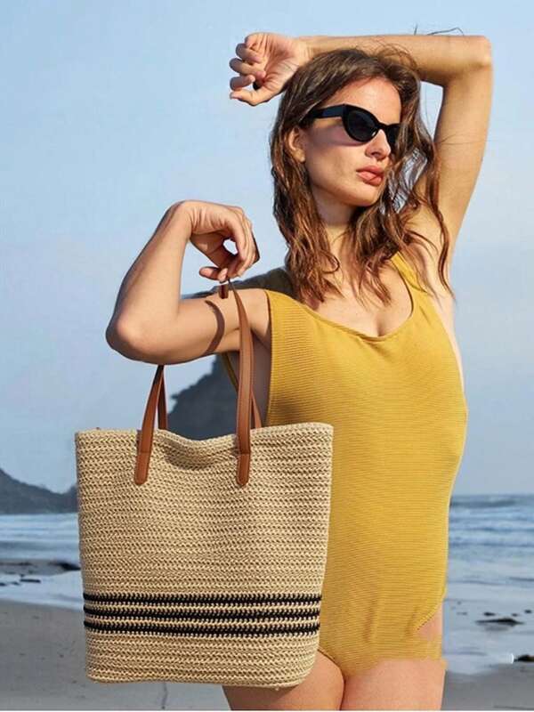 Bolso de playa de paja de verano, bolso de gran capacidad, bolso de cesta de la compra, bolso de mano, estilo de vacaciones, simple y versátil, bolso de mujer con múltiples bolsillos, adecuado para vestidos, compras, viajes, almacenamiento, bolso de mimbre