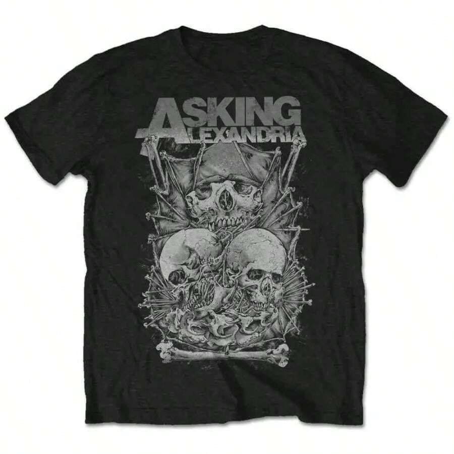 Asking Alexandria Skull Stack Peripheral Pattern Printing Summer Luxury Brand Pure Cotton Men's And Women's T-Shirts - 黑色 - 查看 1
