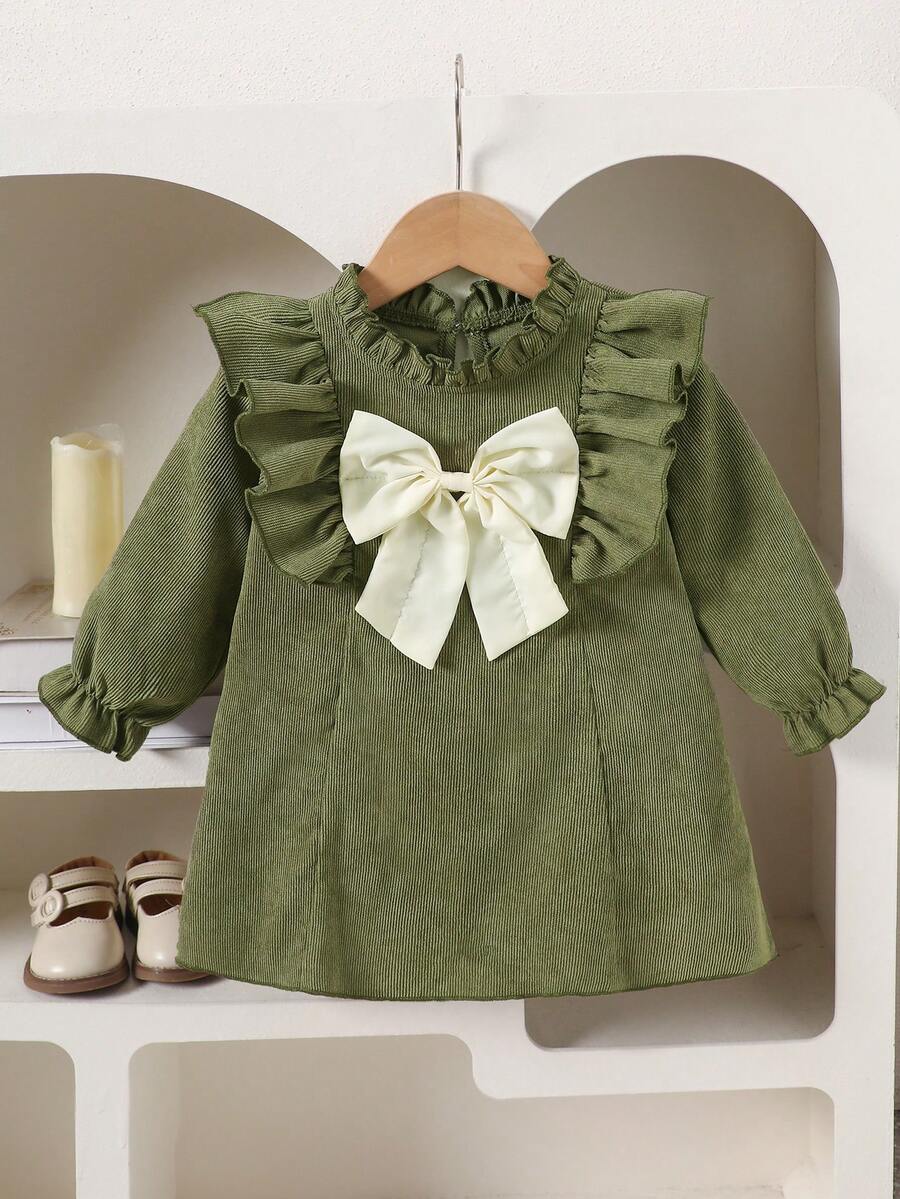 Vestido de pana con volantes y lazo, de manga larga, lindo para bebé niña, adecuado para exteriores en otoño/invierno