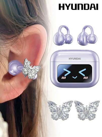 HYUNDAI 现代 M100 时尚蓝牙耳机，带蝴蝶耳机配件，夹式耳机，多功能彩色屏幕，智能触控，长电池寿命，HIFI 高品质声音，高清通话，降噪，音乐和游戏，无穿孔耳环，时尚配饰，送给女士的礼物耳夹