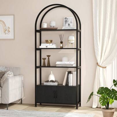 Arched Bookshelf, 4-Tier Bookcase With Doors Storage, 71.5 "H Industrial Book Shelf With Sturdy Metal Frame And Quality Boards, Freestanding Display Shelving For Living Room Easy Assembly