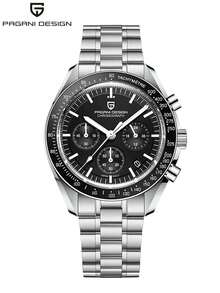 PAGANI DESIGN 2025 新月男式计时石英表黑色日本 VK63 蓝宝石玻璃不锈钢 100 米防水男表 PD-1701