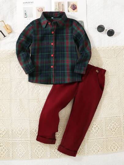 Koszula w kratę dla chłopca z długim rękawem i spodniami, swobodny strój
