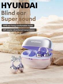 HYUNDAI 现代 EarclipC7 时尚蓝牙耳机，带蝴蝶结耳机配件，夹式耳机，适合运动、音乐、游戏，低延迟，电池寿命长，高清通话带麦克风，IP45 防水，佩戴舒适，无穿孔耳环，时尚配饰，送给女性的礼物