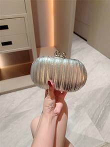 1 件金属褶皱迷你蛋形手拿包，优雅的金属双珍珠纽扣设计，适合派对女孩、新娘、大学生、年轻专业人士、派对、舞会、婚礼，配有金属链 - 銀色 - 查看 3