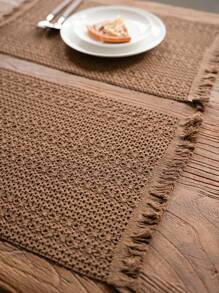 1/4/6/12pcs Bohemian Woven Placemats, Khaki Knitted Hollow Rectangle Coasters, Kitchen Supplies, Water Cup Bowl Dish Non-Slip Mats, Suitable For Daily, Festivals, Gatherings, Parties, Weddings, Dinners, Home Decor, Retro Style