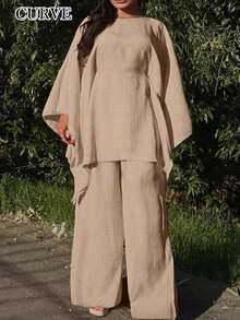 ANCHOSE ANCHOSE Plus Size Women Holiday Casual Elegant Cinched Waist Batwing Sleeve Loose Outfit