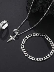 3pcs Men's Fashion Punk Rock Hip Hop Party Accessories Rose Flower Cross Necklace Bracelet Ring Set