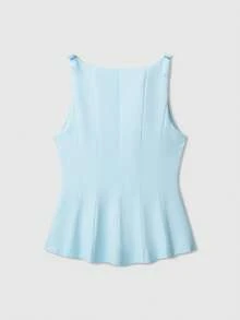 女式纯色无袖上衣，带蝴蝶结装饰裙摆 - 藍色 - 查看 2