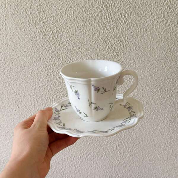 French Lace Lavender Mug And Saucer Set, Home Afternoon Tea Cup And Saucer Set, Ceramic Tableware Ceramic Plate Coffee Cup And Saucer