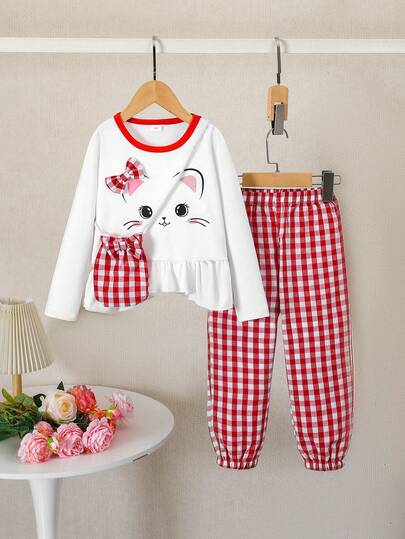 idolCat 2pcs/Set Young Girls Fashion Sweet Cute Cat Print White T-Shirt With Ruffled Hem And Plaid Pants With Bag For Spring/Fall Daily Wear, Outdoor, Party And Vacation Cute Clothes For Girls 4-7Y