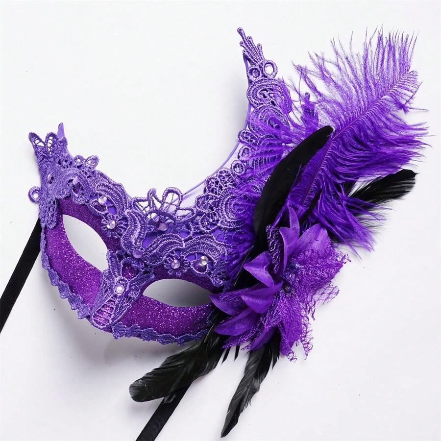 Masquerade Half Face Covering Feather Rhinestone Lace Flower Embroidered Facewear For Halloween Party Stage - 紫色 - 查看 1