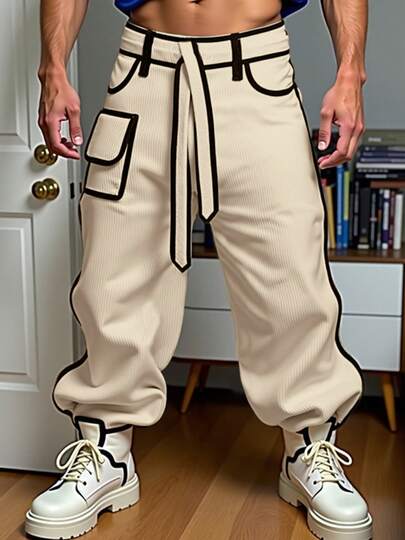 INCERUN Fashion Men Zipper Colorblock Corduroy Jogger Baggy Harem Pants Bottoms Casual Loose Long Trousers