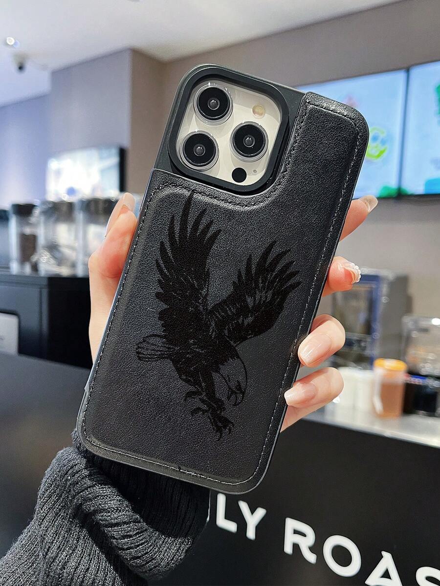 High End Fashion Eagle Pattern, Handmade Customization, Latest Designer Faux Leather Wallet Case+Shock-Absorbing Frame With Three Card Slots+Cash Slot, Certified Anti Drop Business Simplicity, Fashionable And Practical, Shockproof, Scratch Resistant, Compatible With IPhone 16/16Plus/16Pro/16ProMax/15, 14, 13, 12, 11 Series, Etc. - 黑色 - 查看 1