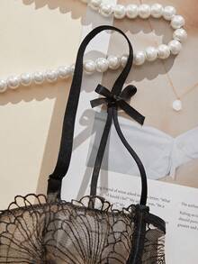 Sexy Lingerie Summer Cool And Breathable Women's Romantic Black Knitted Embroidered Petals With Bow Double Layer Inner Cloth Can Be Wearing Externally Single Piece Set Sexy Bra, Nightclub Daily Outing, Party Dinner Dressing Artifact