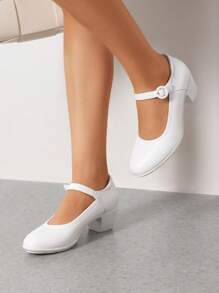 Women's Pumps Low Chunky Mary Jane Heels Closed Round Toe Solid Color Comfortable Dating Work Dress Shoes - 白色 - 查看 6