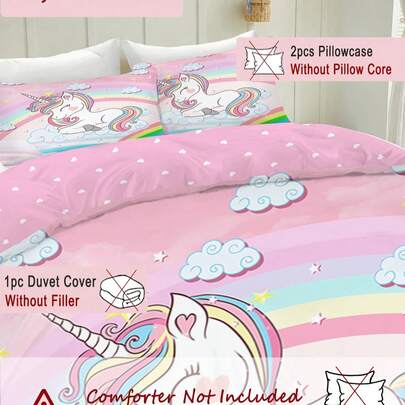 1/3 juego, incluye 1 edredón y 2 fundas de almohada, edredón hecho de tela de poliéster, patrón impreso digitalmente con unicornio arcoíris sonriente. Disponible en varios tamaños, adecuado como regalo festivo para niñas y niños.