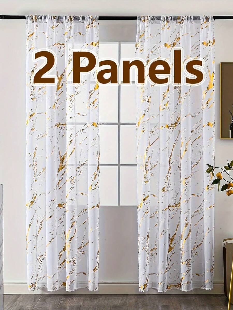 2pcs Thermal Rod Pocket Curtains, Marble Pattern With Gold And Silver Foil Accents, Autumn Decor, Room Decoration - White - View 1