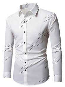 Men's Diagonal Striped Long Sleeve Single-Breasted Casual Formal Shirt, Slim Fit, Random Printed, Each One Unique, Raindrop Style, Suitable For Party, Outdoor, Street, Business, Versatile Choice, Best Gift, For Fall - White - View 4