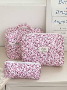 1个花卉印花多功能化妆包，万圣节不给糖就捣蛋主题，时尚休闲大容量拉链化妆包，旅行文具收纳包，度假必备，化妆包，旅行必备 - 淺粉色 - 查看 6
