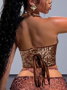 Apperloth A Top corset con escote en V, impresión de leopardo, ojales, cordones delanteros y parte posterior para fiestas, diseño retro Y2K