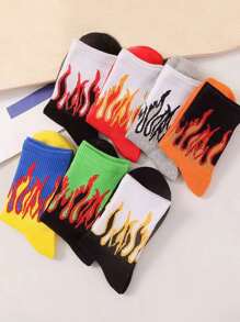 5 Pairs Unisex Colorblock Flame Pattern Mid-Calf Socks, Creative & Fashionable Sports Socks, Versatile For Daily Wear, All Seasons, Fall Socks