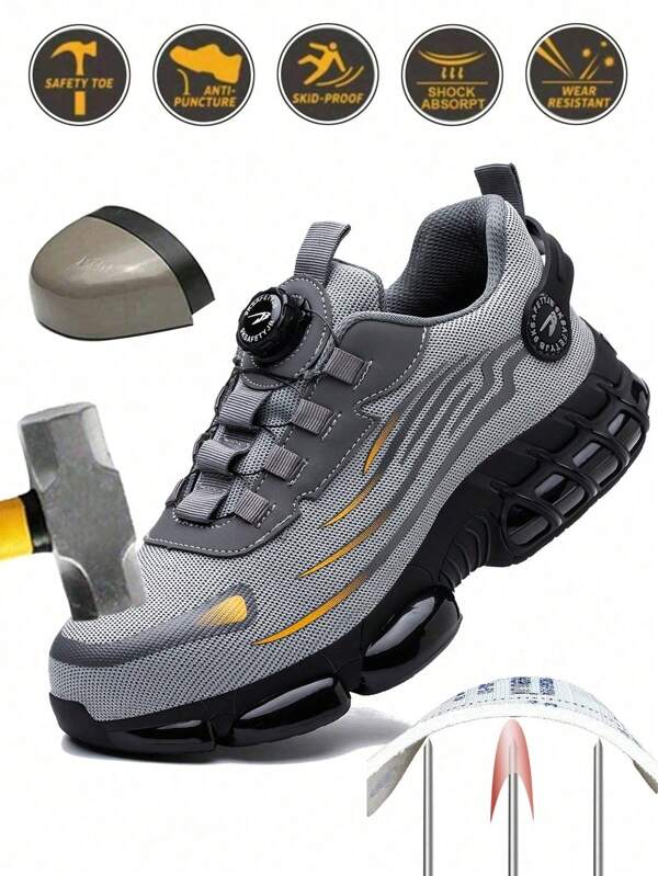 Herren Sicherheitsschuhe mit Stahlkappe, Damen Arbeitsschuhe, Grau Rotary Knopf Neue Polsterung Stoßabsorbierende Sport- und Wanderschuhe, Durchstoß- und Aufprallschutz Arbeitsschuhe, Leicht atmungsaktive Industrie-, Bau-, Lager- und Gartenschuhe, Unisex Arbeitsschutzschuhe, geeignet für Frühling, Sommer, Herbst und Winter